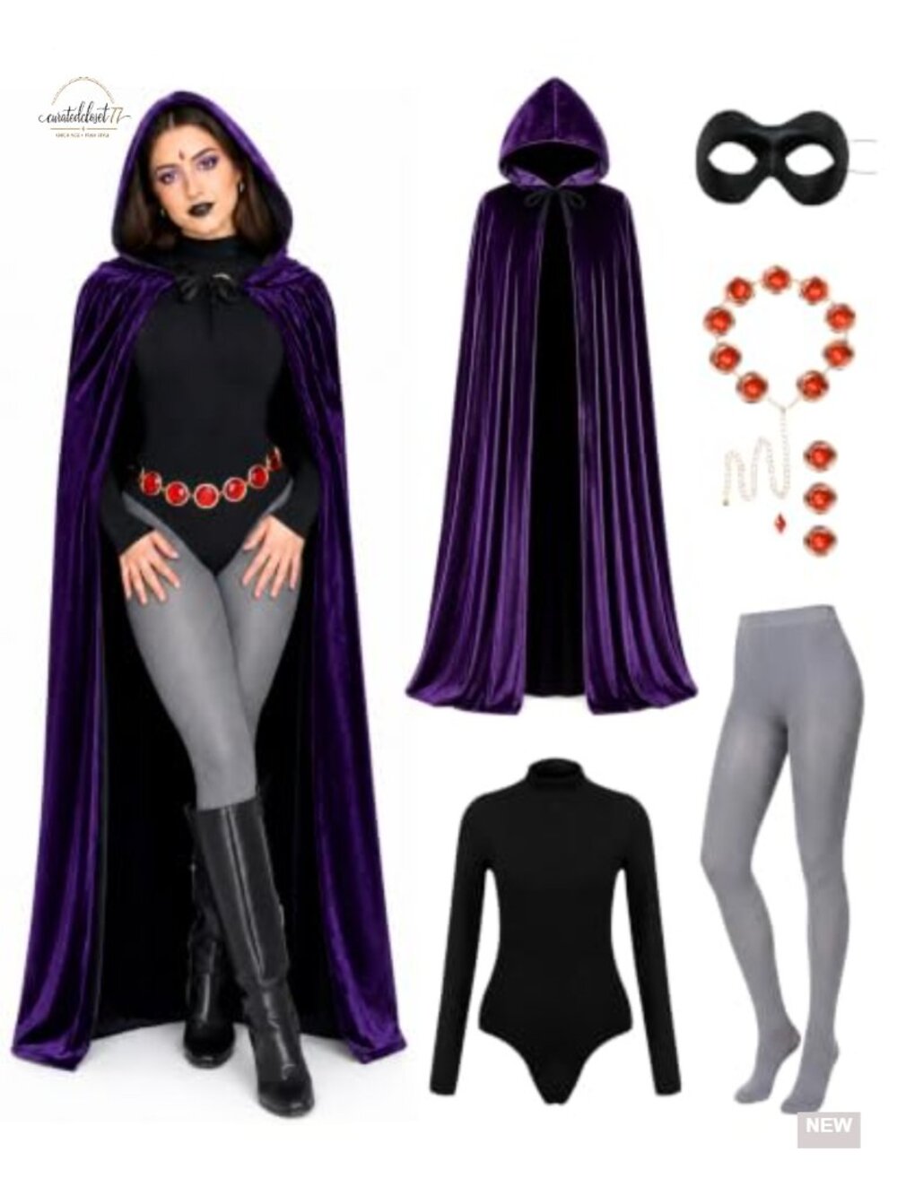 Raven Cosplay Costume Set Purple Hooded Cloak Bodysuit Halloween Women